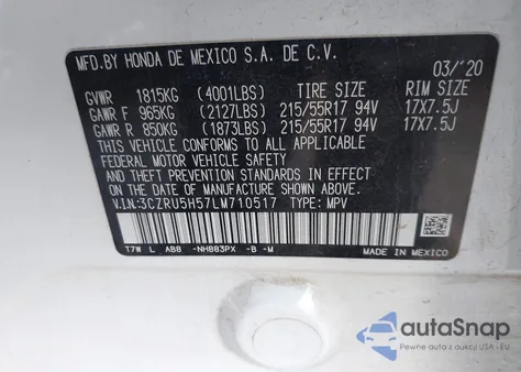 2020 Honda Hr-V 2Wd Ex from USA, damaged, VIN 3CZRU5H57LM710517